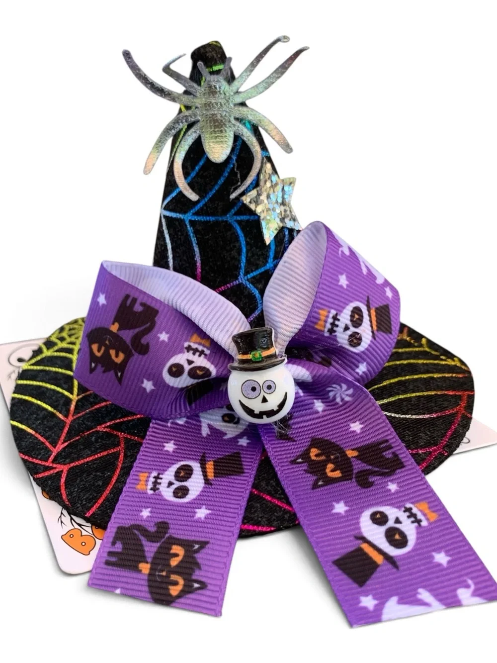 Halloween Mini Black Witch Hat Hair Clip with Purple Bow Costume Accessories